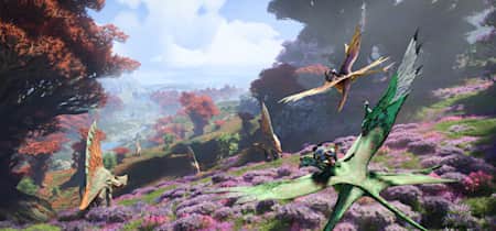 Screenshot aus Avatar: Frontiers of Pandora zeigt zwei Na'vi, die auf Banshees über den bunten Planeten fliegen.