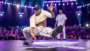 Flying Machine of India competes against Robin (background) of the Ukraine during the Red Bull BC One World Final at the National Sports Club of India (NSCI) in Mumbai, India on November 9, 2019.