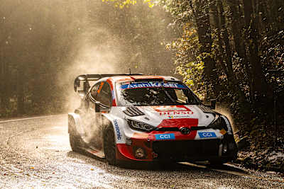 Elfyn Evans (GB) and Scott Martin (GB) of the TOYOTA GAZOO RACING WRT team during the Japanese World Rally Championship in Toyota, Japan on November 19, 2023.