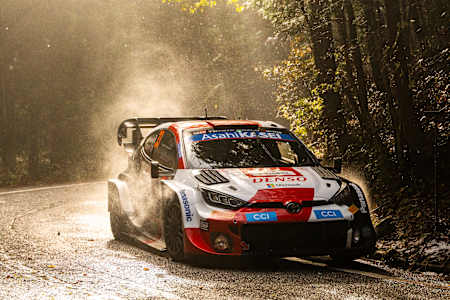 Elfyn Evans (GB) and Scott Martin (GB) of the TOYOTA GAZOO RACING WRT team during the Japanese World Rally Championship in Toyota, Japan on November 19, 2023.