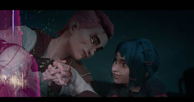 League of Legends characters Vi and Jinx as seen in Arcane.  