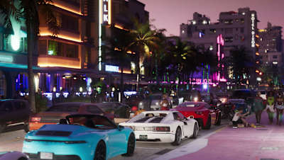 Screenshot from the GTA 6 trailer shows various cars on a street in Vice City at night.