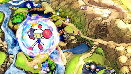 A screenshot of Bomberman blowing up rocks in Super Smash Bros. Ultimate