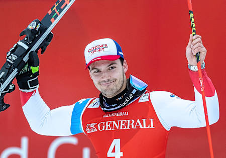 Loïc Meillard of Switzerland seen at the giant slalom race at the FIS Alpine Skiing World Cup in Garmisch-Partenkirchen, Germany on February 2, 2020.
