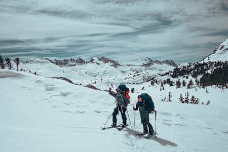 Jeremy Jones and Elena Hight ski touring in the John Muir Wilderness.