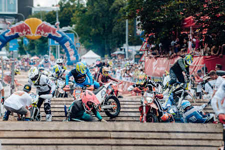 Competitors perform during the prologue of Red Bull Romaniacs in Sibiu, Romania on July 23, 2024. 