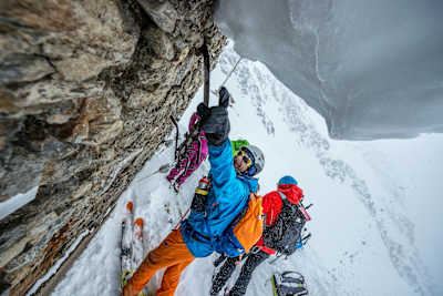 Bernhard Hug testing the snow stability during Red Bull Der Lange Weg near Maiern, Italy on March 30, 2018.