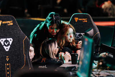 Shopify Rebellion Gold commiserate with each other onstage after being defeated at the 2025 VALORANT Game Changers Championship Grand Finals in Seoul, South Korea.