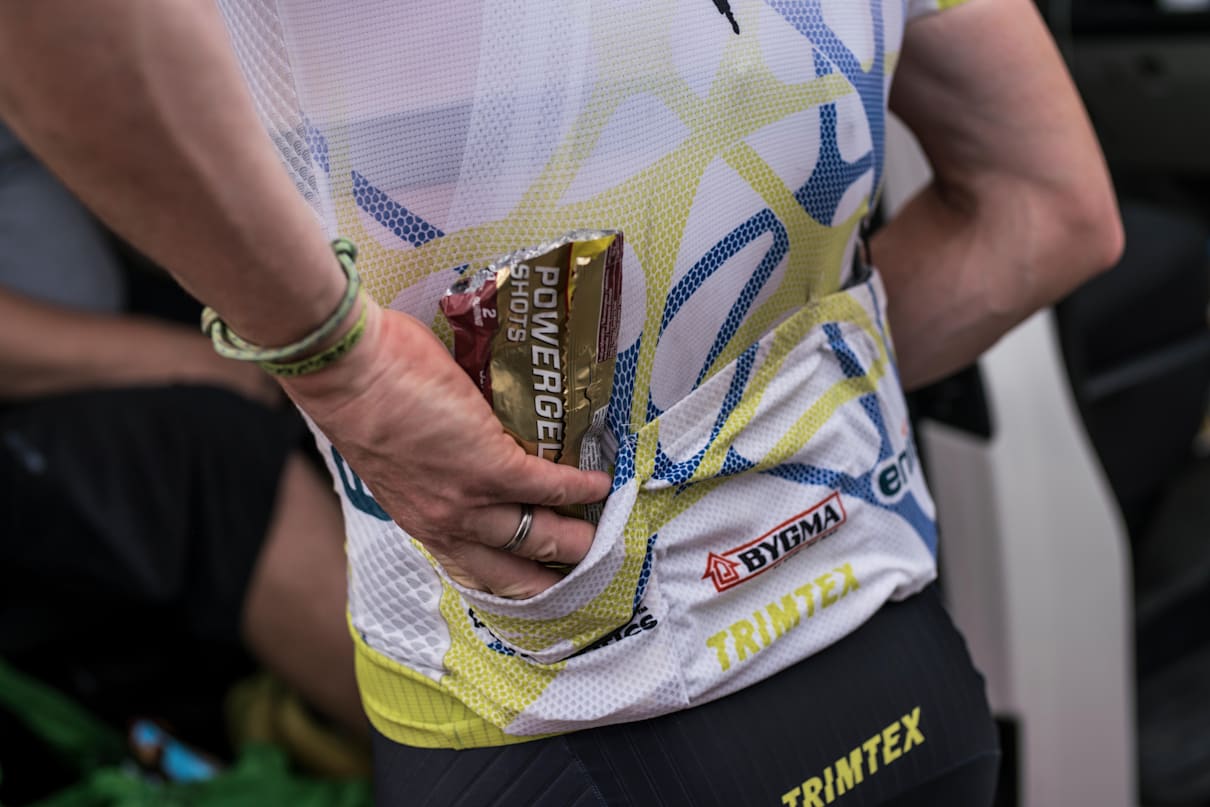 Food in a cyclists jersey during the 11th stage Ulan-Ude-Chita at the Red Bull Trans-Siberian Extreme race in Russia on August 3, 2017