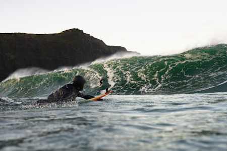 Professional surfer from Ireland, Conor Maguire, surfs a wave at the Irish big wave slab, Riley's.
