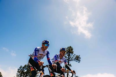 Remco Evenepoel and Florian Lipowitz riding at the Teide training camp