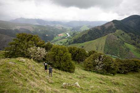 Brook Macdonald and Remy Morton scope the landscape of Motueka in New Zealand for a downhill course build.