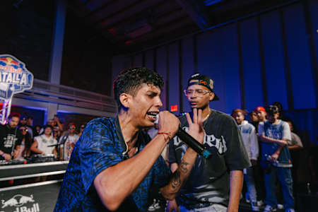 Lil Panda RCK and Adonys during Red Bull Batalla in Brooklyn, New York on July 12, 2024 
