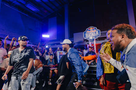 Competing MCs during Red Bull Batalla in Brooklyn, New York on July 12, 2024 