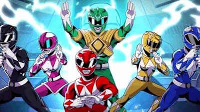 Imagem do jogo Saban's Mighty Morphin Power Rangers: Mega Battle, com os Rangers em pose de batalha