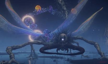 A gigantic scorpion with transparent wings and a skull for a head in Elden Ring.