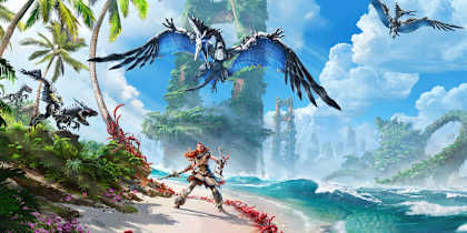 Una imagen promocional de Horizon Forbidden West muestra a la heroína Aloy en la playa con dinosaurios robot voladores