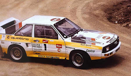 Michèle Mouton, première femme pilote en rallye WRC, en Audi Quattro S1 à Pikes Peak en 1985