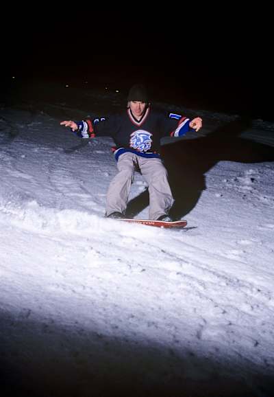 Night session at Whistler, circa 2001. “Even into his mid-50s, he was still going for it,” says Timi
