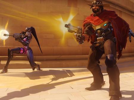 A screenshot of the McCree and Widowmaker characters from the Overwatch video game