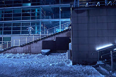Eero Ettala riding rails at Kiasma, museum of contemporary art in Helsinki