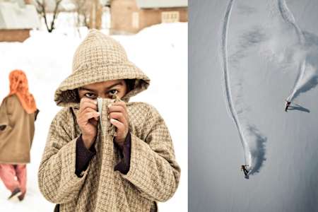 A little boy in Kashmir and snowboarders riding Gulmarg ski resort in India's Kashmir region