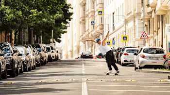 Maxim Habanec assesses the rolling surface of Prague's steepest downhill