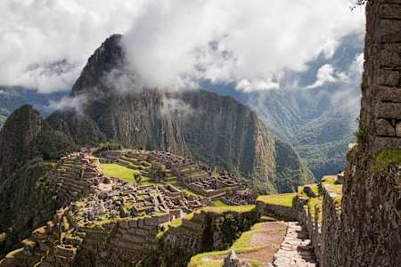 Overview of the Machu Picchu UNESCO world heritage site in high Andes of Cusco, Peru.