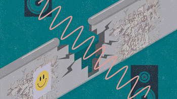 An illustration of a crack in the Berlin Wall with techno sound waves travelling through from one amplifier to another.