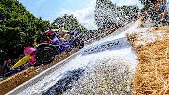 Hannah and Barbara's Mean Machine performs at the Red Bull Soapbox Race in Alexandra Palace, London, United Kingdom on July 7, 2019.