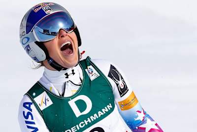 American ski racer Lindsey Vonn celebrates claiming the Bronze medal at the 2017 FIS Ski World Championships downhill in St. Moritz on February 12, 2017