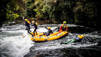Jamie O’Brien, Poopies, Zen, Alex Hayes and Choco go rover rafting in Rotorua, New Zealand on May 31, 2019.