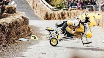 Team Netto Pigerne crashes during the Red Bull Soapbox Race in Aarhus, Denmark on August 20, 2017.