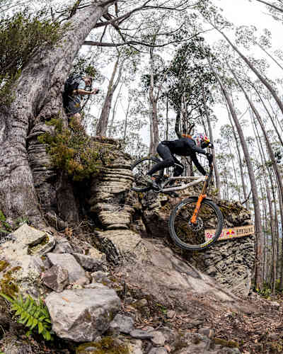 Gracey Hemstreet performs during practice at Red Bull Hardline in Maydena Bike Park,  Australia on February 20,  2024