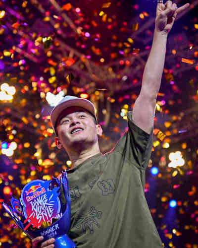 In 2024, MT POP from Vietnam celebrates after winning the Red Bull Dance Your Style World Finals event in Mumbai, India