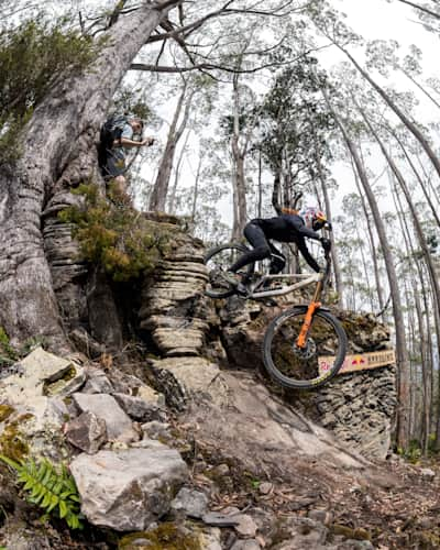 Gracey Hemstreet performs during practice at Red Bull Hardline in Maydena Bike Park,  Australia on February 20,  2024