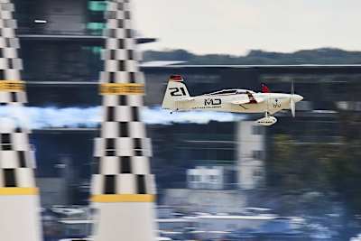 Matthias Dolderer of Germany performs during the Red Bull Air Race World Championship at Indianapolis Motor Speedway, Indianapolis, Indiana, United States
