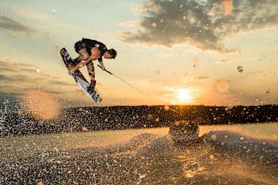 Mike Dowdy wakeboards on Lake Superior along the shores of northern Wisconsin, USA on July 09, 2017.