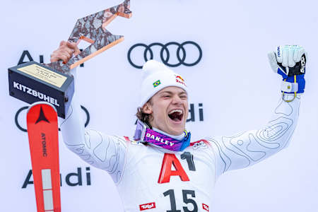 Lucas Braathen celebrates his podium finish in the Slalom race at the Kitzbühel World Cup.