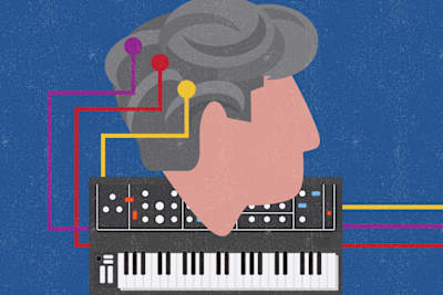 ilustração do pioneiro da música sintetizada Robert Moog com um sintetizador
