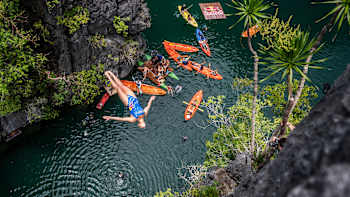 Rhiannan Iffland dives from 20 metres during the 2025 Red Bull Cliff Diving World Series first stop at the picturesque Small Lagoon in El Nido, Philippines