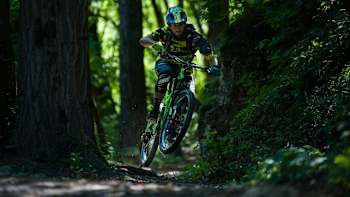MTB rider Eugenio Carugati riding in the Rosspach Valley, Alpe Cimbra, Italy on June 26, 2018.