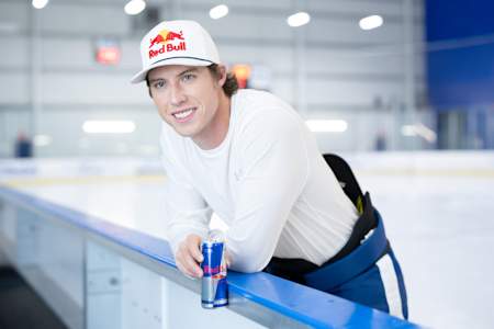 Mitch Marner taking a break with a Red Bull