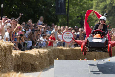 A member of the Dare Devils soapbox race team clears a jump