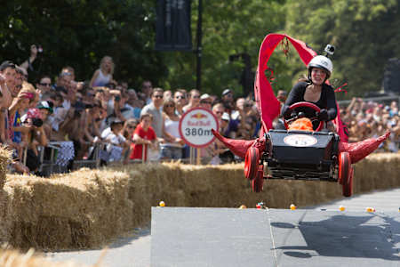 A member of the Dare Devils soapbox race team clears a jump