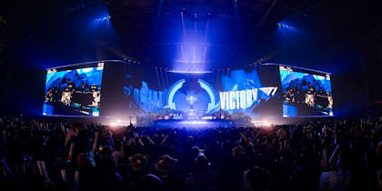 A photo of the stage during the League of Legends World Championship 2023 Finals. 
