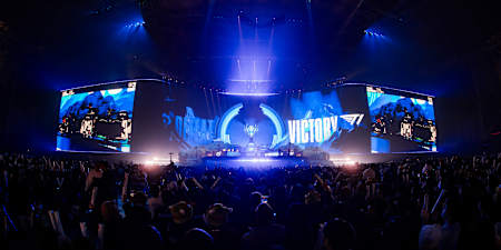 A photo of the stage during the League of Legends World Championship 2023 Finals. 