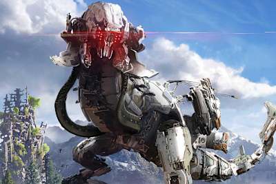 A mechanical T-Rex from the new Horizon Zero Dawn video game developed by Guerrilla Games and Sony