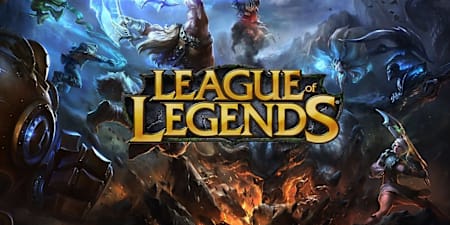 Visuel officiel de League of Legends présentant le logo du jeu entouré de plusieurs champions emblématiques de l'univers de Riot Games.