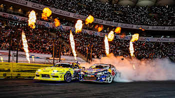 Lauri Heinonen of Finland and Conor Shanahan of Ireland seen during the final stop of the Drift Masters European Championship in Warsaw, Poland, on September 16, 2023.